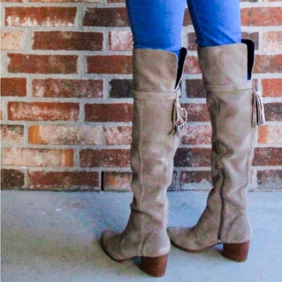 Franco Sarto Elly Over The Knee Boot Women's 9 Taupe Suede Wooden Heel Side Zip - Picture 3 of 7